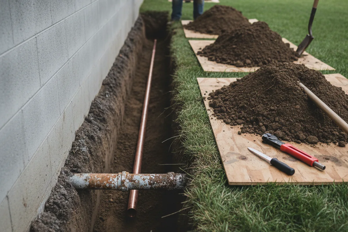Excavated water line trench during Water Heater Repair in San Diego